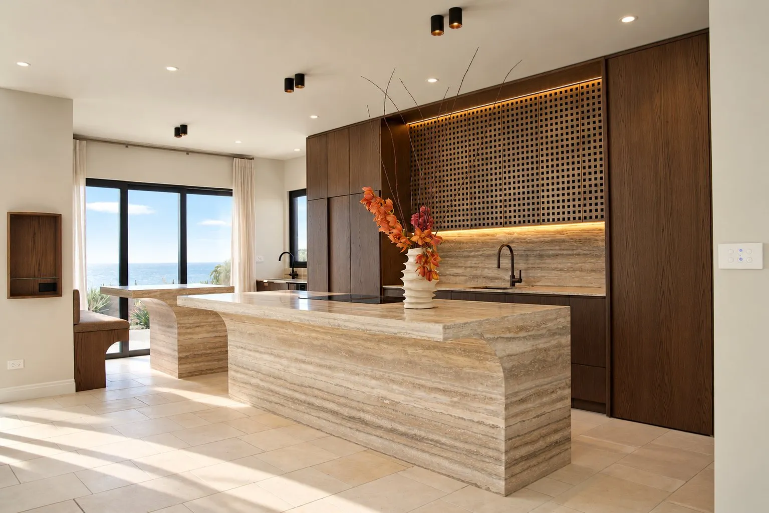 Milford Beach kitchen after the renovation, with walnut joinery, a travertine island and sea views